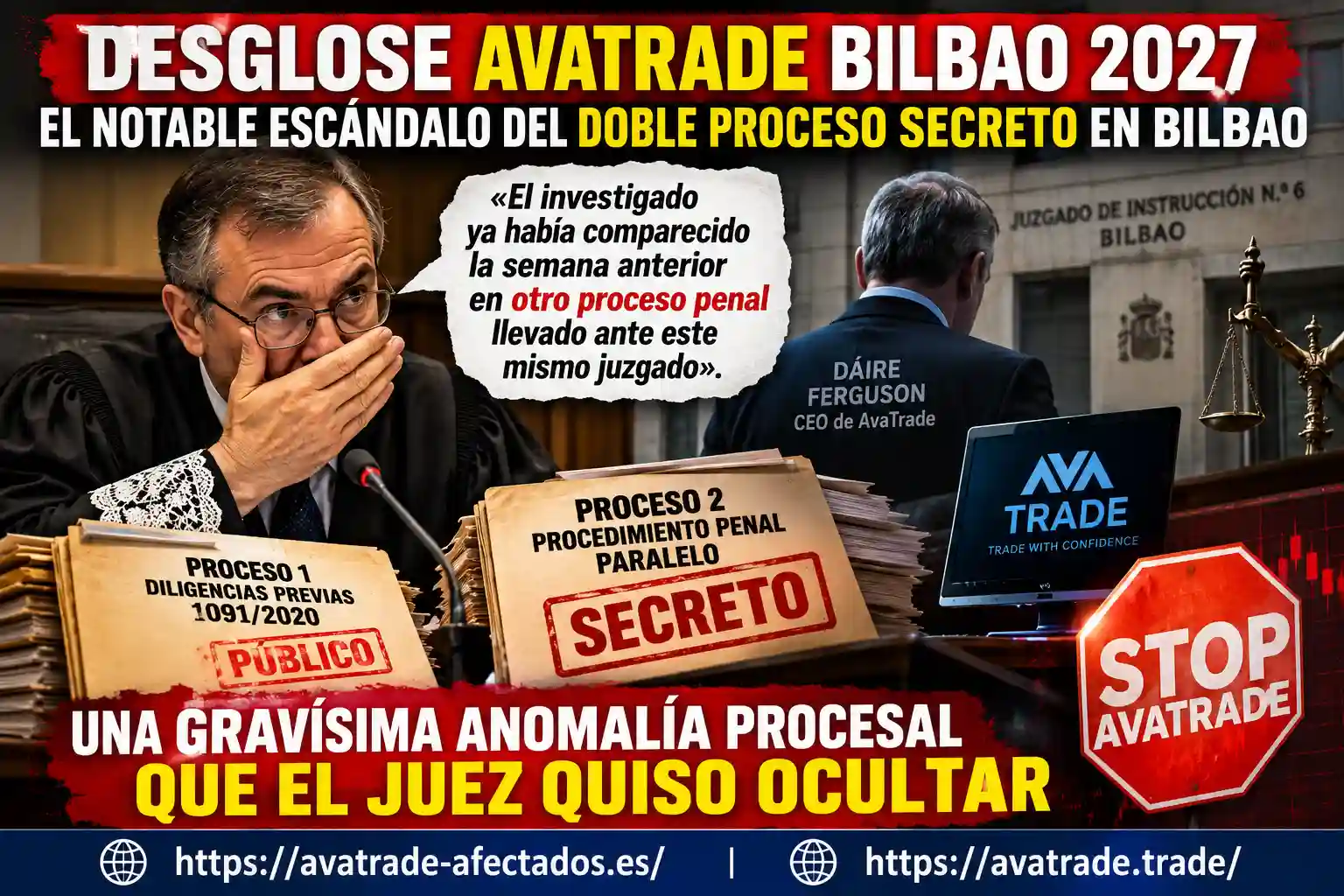 Desglose AvaTrade Bilbao: notable escándalo del desglose en Bilbao, doble proceso secreto, declaración oculta de Dáire Ferguson y Diligencias Previas 1091/2020